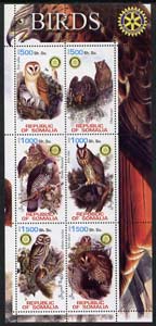 Somalia 2002 Owls perf sheetlet containing six values each with Rotary Logo, unmounted mint, stamps on , stamps on  stamps on birds, stamps on  stamps on birds of prey, stamps on  stamps on rotary, stamps on  stamps on owls