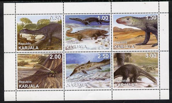 Karjala Republic 1998 Dinosaurs perf sheetlet containing 6 values unmounted mint, stamps on dinosaurs