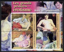 Burundi 2004 Nude paintings - Toulouse-Lautrec perf sheetlet containing set of 4 values unmounted mint, stamps on arts, stamps on nudes, stamps on lautrec