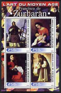 Ivory Coast 2003 Art of the Modern Age - Paintings by Francisco de Zurbaran perf sheetlet containing 4 values unmounted mint, stamps on arts, stamps on 