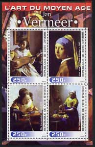 Ivory Coast 2003 Art of the Modern Age - Paintings by Jan Vermeer perf sheetlet containing 4 values unmounted mint, stamps on , stamps on  stamps on arts, stamps on  stamps on 