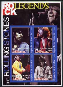Somalia 2002 Rock Legends - Rolling Stones imperf sheetlet containing set of 4 values unmounted mint, stamps on , stamps on  stamps on music, stamps on  stamps on pops, stamps on  stamps on 