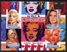 Comoro Islands 2004 Actresses with Andy Warhol Art in background imperf sheetlet containing 4 values unmounted mint, stamps on films, stamps on cinema, stamps on entertainments, stamps on women, stamps on marilyn monroe, stamps on personalities, stamps on arts