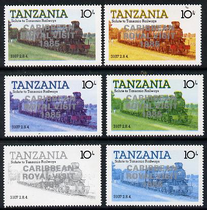 Tanzania 1985 Locomotive 3107 10s value (SG 431) unmounted mint perf set of 6 progressive colour proofs each with 'Caribbean Royal Visit 1985' opt in silver*, stamps on railways, stamps on royalty, stamps on royal visit