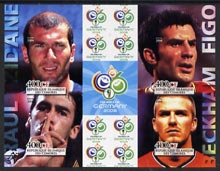 Comoro Islands 2004 Rael Madrid Football Stars (Raul, Zidane, Beckham & Figo) imperf sheetlet containing 4 values plus 4 labels unmounted mint, stamps on football, stamps on sport