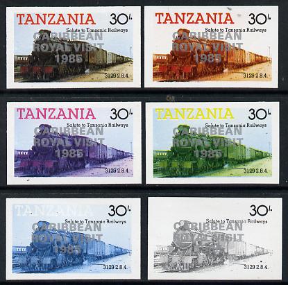 Tanzania 1985 Locomotive 3129 30s value (SG 433) unmounted mint imperf set of 6 progressive colour proofs each with 'Caribbean Royal Visit 1985' opt in silver*, stamps on railways, stamps on royalty, stamps on royal visit