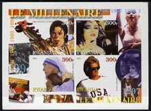 Rwanda 2001 Millennium 1990's imperf sheetlet containing 4 values (Michael Jackson, Madonna,Princess Di & Mother Teresa) unmounted mint, stamps on millennium, stamps on personalities, stamps on music, stamps on pops, stamps on diana, stamps on royalty, stamps on nobel, stamps on 