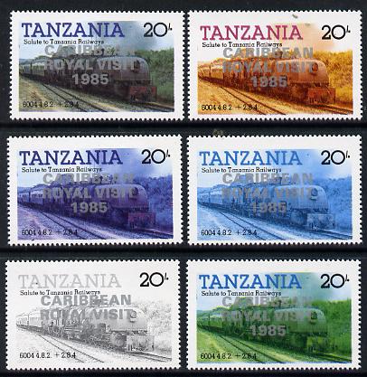 Tanzania 1985 Locomotive 6004 20s value (SG 432) unmounted mint perf set of 6 progressive colour proofs each with Caribbean Royal Visit 1985 opt in silver*, stamps on railways, stamps on royalty, stamps on royal visit, stamps on big locos