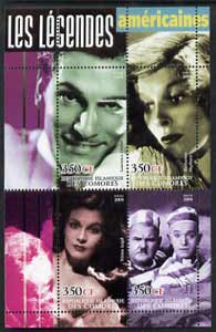 Comoro Islands 2004 Legends #01 perf sheetlet containing 4 values Laurence Olivier, K Hepburn, Vivien Leigh, Laurel & Hardy unmounted mint, stamps on films, stamps on cinema, stamps on personalities