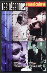 Comoro Islands 2004 Legends #02 perf sheetlet containing 4 values H Bogart, Marlene Dietrich, Clark Gable & Charlie Chaplin unmounted mint, stamps on films, stamps on cinema, stamps on personalities, stamps on comedy, stamps on chaplin