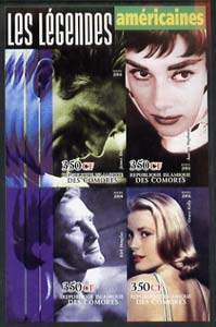 Comoro Islands 2004 Legends #03 imperf sheetlet containing 4 values James Dean, Audrey Hepburn, Kirk Douglas & Grace Kelly unmounted mint, stamps on , stamps on  stamps on films, stamps on  stamps on cinema, stamps on  stamps on , stamps on  stamps on personalities