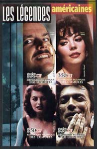 Comoro Islands 2004 Legends #06 imperf sheetlet containing 4 values Jack Nicholson, Natalie Wood, Sophia Loren & Clint Eastwood unmounted mint, stamps on films, stamps on cinema, stamps on personalities