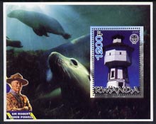 Rwanda 2005 Lighthouses perf m/sheet #01 with Scout Logo, background shows Seals & Baden Powell, unmounted mint, stamps on , stamps on  stamps on lighthouses, stamps on  stamps on scouts, stamps on  stamps on seals