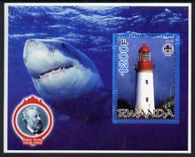 Rwanda 2005 Lighthouses perf m/sheet #03 with Scout Logo, background shows Seals & Baden Powell, unmounted mint, stamps on , stamps on  stamps on lighthouses, stamps on  stamps on scouts, stamps on  stamps on personalities, stamps on  stamps on fish, stamps on  stamps on literature, stamps on  stamps on sci-fi