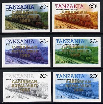 Tanzania 1985 Locomotive 6004 20s value (SG 432) unmounted mint imperf set of 6 progressive colour proofs each with 'Caribbean Royal Visit 1985' opt in gold*, stamps on , stamps on  stamps on railways, stamps on royalty, stamps on royal visit, stamps on big locos