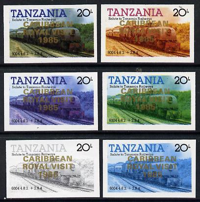 Tanzania 1985 Locomotive 6004 20s value (SG 432) unmounted mint imperf set of 6 progressive colour proofs each with 'Caribbean Royal Visit 1985' opt in gold*, stamps on railways, stamps on royalty, stamps on royal visit, stamps on big locos