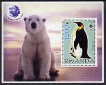 Rwanda 2005 Penguins #02 perf m/sheet with Scout Logo, background shows Polar Bear & Roald Amundsen unmounted mint, stamps on scouts, stamps on deer, stamps on penguins, stamps on birds, stamps on polar, stamps on explorers