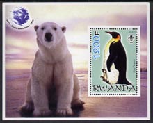 Rwanda 2005 Penguins #02 perf m/sheet with Scout Logo, background shows Polar Bear & Roald Amundsen unmounted mint, stamps on , stamps on  stamps on scouts, stamps on  stamps on deer, stamps on  stamps on penguins, stamps on  stamps on birds, stamps on  stamps on polar, stamps on  stamps on explorers