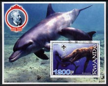 Rwanda 2005 Dinosaurs perf m/sheet #03 with Scout Logo, background shows Dolphins & Jules Verne unmounted mint, stamps on scouts, stamps on personalities, stamps on dinosaurs, stamps on dolphins, stamps on literature, stamps on sci-fi