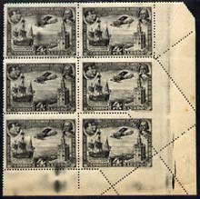 Spain 1930 Brequet 19GR & Santa Maria 4p (from Spanish-American Exhibition) corner block of 6 with superb crazy perfs due to paper fold unmounted mint, SG 651var, stamps on aviation, stamps on ships, stamps on columbus, stamps on explorers