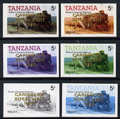 Tanzania 1985 Locomotive 3022 5s value (SG 430) unmounted mint imperf set of 6 progressive colour proofs each with 'Caribbean Royal Visit 1985' opt in gold*, stamps on railways, stamps on royalty, stamps on royal visit