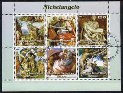 Congo 2003 Paintings by Michelangelo perf sheetlet containing 6 values fine cto used, stamps on , stamps on  stamps on arts, stamps on  stamps on michelangelo, stamps on  stamps on renaissance