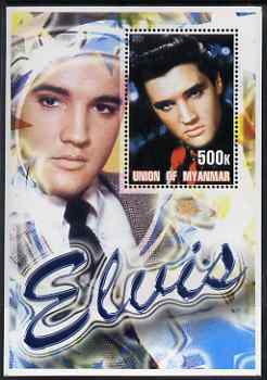 Myanmar 2001 Elvis Presley #2 perf m/sheet containing 1 x 500k value unmounted mint, stamps on , stamps on  stamps on personalities, stamps on  stamps on elvis, stamps on  stamps on music, stamps on  stamps on films, stamps on  stamps on cinema