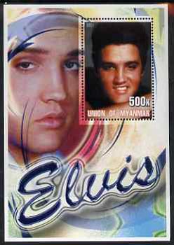 Myanmar 2001 Elvis Presley #5 perf m/sheet containing 1 x 500k value unmounted mint, stamps on , stamps on  stamps on personalities, stamps on  stamps on elvis, stamps on  stamps on music, stamps on  stamps on films, stamps on  stamps on cinema