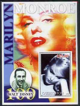 Uzbekistan 2002 Marilyn Monroe & Walt Disney Centenary #01 perf m/sheet unmounted mint, stamps on films, stamps on cinema, stamps on entertainments, stamps on music, stamps on personalities, stamps on marilyn monroe, stamps on disney