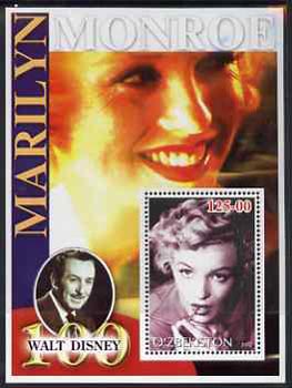Uzbekistan 2002 Marilyn Monroe & Walt Disney Centenary #03 perf m/sheet unmounted mint, stamps on films, stamps on cinema, stamps on entertainments, stamps on music, stamps on personalities, stamps on marilyn monroe, stamps on disney