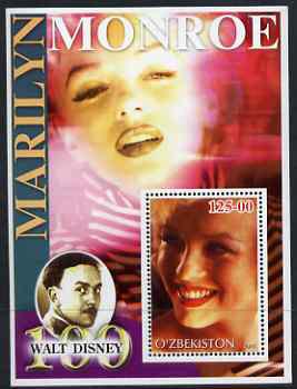 Uzbekistan 2002 Marilyn Monroe & Walt Disney Centenary #08 perf m/sheet unmounted mint, stamps on films, stamps on cinema, stamps on entertainments, stamps on music, stamps on personalities, stamps on marilyn monroe, stamps on disney