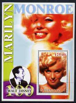 Uzbekistan 2002 Marilyn Monroe & Walt Disney Centenary #09 perf m/sheet unmounted mint, stamps on films, stamps on cinema, stamps on entertainments, stamps on music, stamps on personalities, stamps on marilyn monroe, stamps on disney