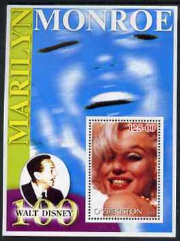Uzbekistan 2002 Marilyn Monroe & Walt Disney Centenary #10 perf m/sheet unmounted mint, stamps on films, stamps on cinema, stamps on entertainments, stamps on music, stamps on personalities, stamps on marilyn monroe, stamps on disney