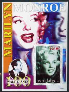 Uzbekistan 2002 Marilyn Monroe & Walt Disney Centenary #13 perf m/sheet unmounted mint, stamps on films, stamps on cinema, stamps on entertainments, stamps on music, stamps on personalities, stamps on marilyn monroe, stamps on disney