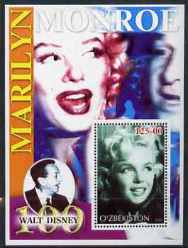 Uzbekistan 2002 Marilyn Monroe & Walt Disney Centenary #13 perf m/sheet unmounted mint, stamps on , stamps on  stamps on films, stamps on  stamps on cinema, stamps on  stamps on entertainments, stamps on  stamps on music, stamps on  stamps on personalities, stamps on  stamps on marilyn monroe, stamps on  stamps on disney