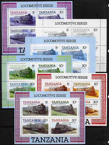 Tanzania 1985 Locomotives m/sheet (as SG MS 434) unmounted mint perf set of 6 progressive colour proofs each with 'Caribbean Royal Visit 1985' opt in silver, stamps on , stamps on  stamps on railways, stamps on royalty, stamps on royal visit, stamps on big locos