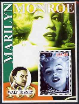 Uzbekistan 2002 Marilyn Monroe & Walt Disney Centenary #15 perf m/sheet unmounted mint, stamps on , stamps on  stamps on films, stamps on  stamps on cinema, stamps on  stamps on entertainments, stamps on  stamps on music, stamps on  stamps on personalities, stamps on  stamps on marilyn monroe, stamps on  stamps on disney