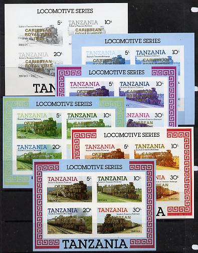 Tanzania 1985 Locomotives m/sheet (as SG MS 434) unmounted mint imperf set of 6 progressive colour proofs each with 'Caribbean Royal Visit 1985' opt in gold, stamps on railways, stamps on royalty, stamps on royal visit, stamps on big locos