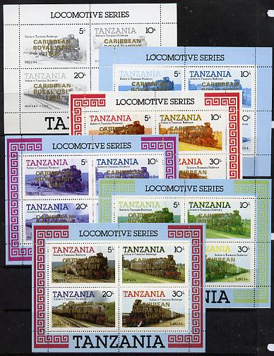 Tanzania 1985 Locomotives m/sheet (as SG MS 434) unmounted mint perf set of 6 progressive colour proofs each with 'Caribbean Royal Visit 1985' opt in gold, stamps on , stamps on  stamps on railways, stamps on royalty, stamps on royal visit, stamps on big locos