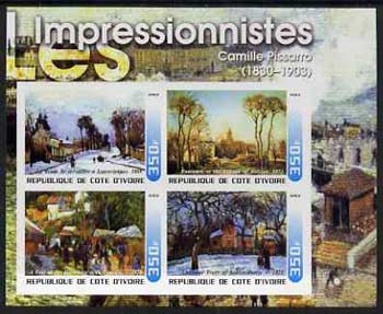 Ivory Coast 2003 Art of the Impressionists - Paintings by Camille Pissarro imperf sheetlet containing 4 values unmounted mint, stamps on arts, stamps on trees