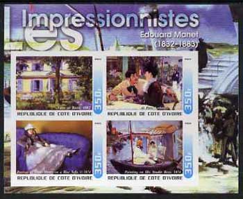 Ivory Coast 2003 Art of the Impressionists - Paintings by Edouard Manet imperf sheetlet containing 4 values unmounted mint, stamps on arts, stamps on manet