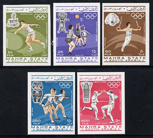 Aden - Mahra 1967 Mexico Olympics imperf set of 5 unmounted mint, Mi 25-29B*, stamps on olympics, stamps on sport, stamps on discus, stamps on rings, stamps on gymnastics, stamps on basketball, stamps on running, stamps on  gym , stamps on gymnastics, stamps on 