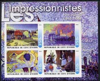 Ivory Coast 2003 Art of the Impressionists - Paintings by Paul Signac imperf sheetlet containing 4 values unmounted mint, stamps on , stamps on  stamps on arts, stamps on  stamps on signac, stamps on  stamps on popes, stamps on  stamps on  gas , stamps on  stamps on pope