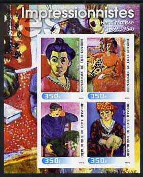 Ivory Coast 2003 Art of the Impressionists - Paintings by Henri Matisse imperf sheetlet containing 4 values unmounted mint, stamps on , stamps on  stamps on arts, stamps on  stamps on 