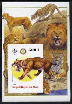 Mali 2005 Dinosaurs #02 - Thylacosmilus (Sabre Toothed Tiger) imperf m/sheet with Scout & Rotary Logos, background shows various Big Cats unmounted mint, stamps on , stamps on  stamps on scouts, stamps on  stamps on rotary, stamps on  stamps on dinosaurs, stamps on  stamps on animals, stamps on  stamps on cats, stamps on  stamps on tigers, stamps on  stamps on dental