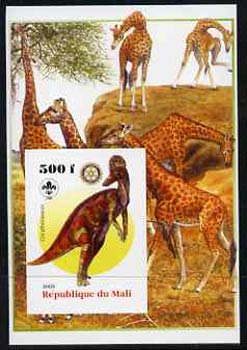 Mali 2005 Dinosaurs #03 - Corythosaurus imperf m/sheet with Scout & Rotary Logos, background shows Giraffes unmounted mint, stamps on , stamps on  stamps on scouts, stamps on  stamps on rotary, stamps on  stamps on dinosaurs, stamps on  stamps on animals, stamps on  stamps on giraffes