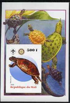 Mali 2005 Dinosaurs #05 - Meiolonia imperf m/sheet with Scout & Rotary Logos, background shows various Turtles unmounted mint, stamps on , stamps on  stamps on scouts, stamps on  stamps on rotary, stamps on  stamps on dinosaurs, stamps on  stamps on animals, stamps on  stamps on turtles, stamps on  stamps on reptiles