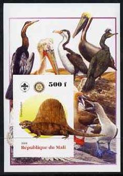 Mali 2005 Dinosaurs #07 - Dimetrodon imperf m/sheet with Scout & Rotary Logos, background shows various Birds unmounted mint, stamps on , stamps on  stamps on scouts, stamps on  stamps on rotary, stamps on  stamps on dinosaurs, stamps on  stamps on animals, stamps on  stamps on birds