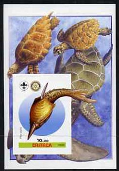 Eritrea 2005 Dinosaurs #01 - Pteraspis imperf m/sheet with Scout & Rotary Logos, background shows various Turtles unmounted mint, stamps on , stamps on  stamps on scouts, stamps on  stamps on rotary, stamps on  stamps on dinosaurs, stamps on  stamps on animals, stamps on  stamps on turtles, stamps on  stamps on reptiles