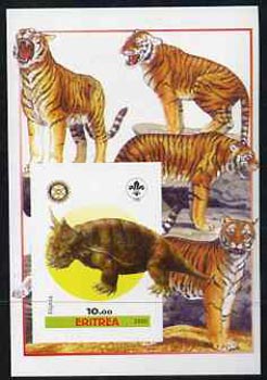 Eritrea 2005 Dinosaurs #02 - Elginia imperf m/sheet with Scout & Rotary Logos, background shows Tigers unmounted mint, stamps on scouts, stamps on rotary, stamps on dinosaurs, stamps on animals, stamps on tigers, stamps on cats